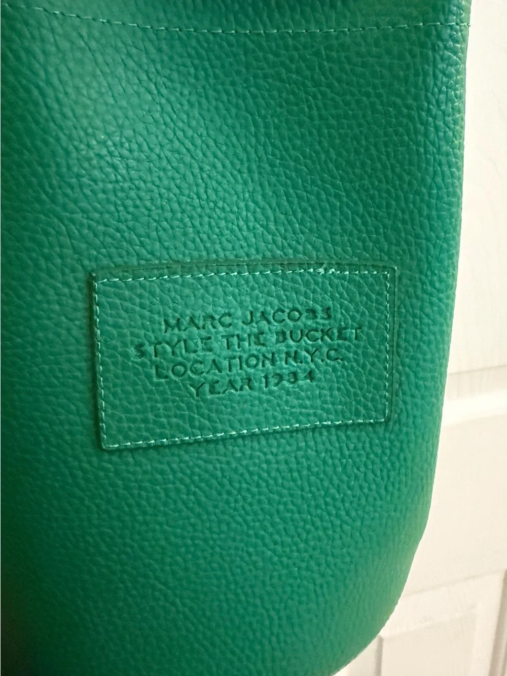 Marc Jacobs Green Pebbled Leather Drawstring Bucket Bag with Black Cord
